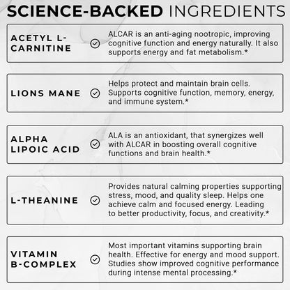 Elite Brain - Nootropic Supplement for Focus, Memory & Mental Clarity – Caffeine-Free Natural Energy with Lion’s Mane, L-Theanine & Vitamin B Complex (60 Capsules)