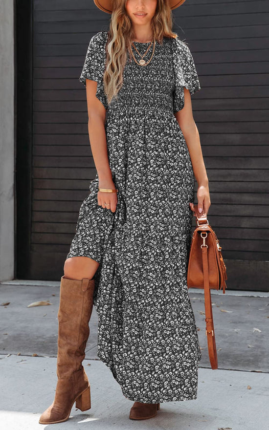PRETTYGARDEN dress — Boho floral maxi with flutter sleeves and smocked tiered design