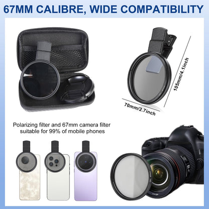 67mm Circular Polarizer Filter for iPhone and Android Phone, CPL Lens Filter, Multi-Layer Coated, HD Transparent, Anti-Reflection, for DSLR Mirrorless Cameras