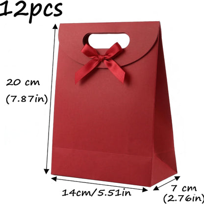Viongna 12Pcs Kraft Paper Bags with Handles Paper Gift Bags Stand Up Gift Bag with Bow Tie Gift Bag for Candy Cookies Packaging Wedding Christmas Party Red 5.5"x2.8"x7.9"