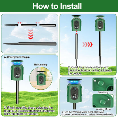 Upgraded Solar Ultrasonic Animal Repellent,360° Cat Repellent Outdoor with Motion Sensor,IP65 Waterproof Dog Repeller with Flash Light to Drive Away Rabbit Deer Squirrel Skunk for Yard Garden Lawn