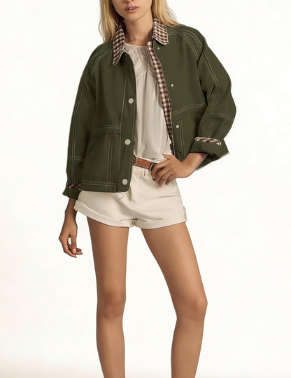 Aimiray coat — Windproof cropped plaid bomber with pockets