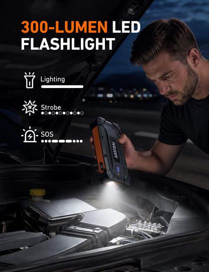 AstroAI jump starter — 1500A portable lithium power bank with flashlight and cables