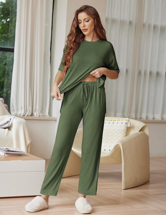 Ekouaer pajamas — soft and comfy 2 piece lounge set with short sleeves and long pants.