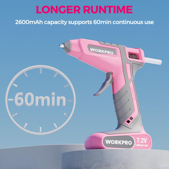 WORKPRO hot glue gun — cordless and rechargeable with mini glue sticks