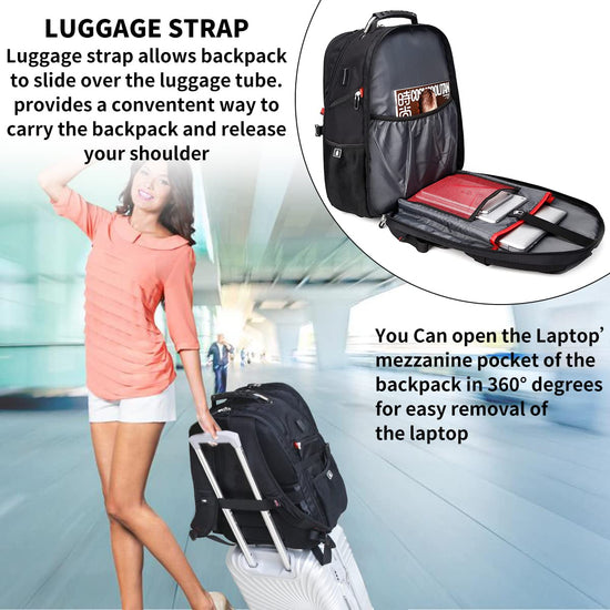 SHRRADOO travel backpack with combination lock for 17 inch laptops, 50L capacity