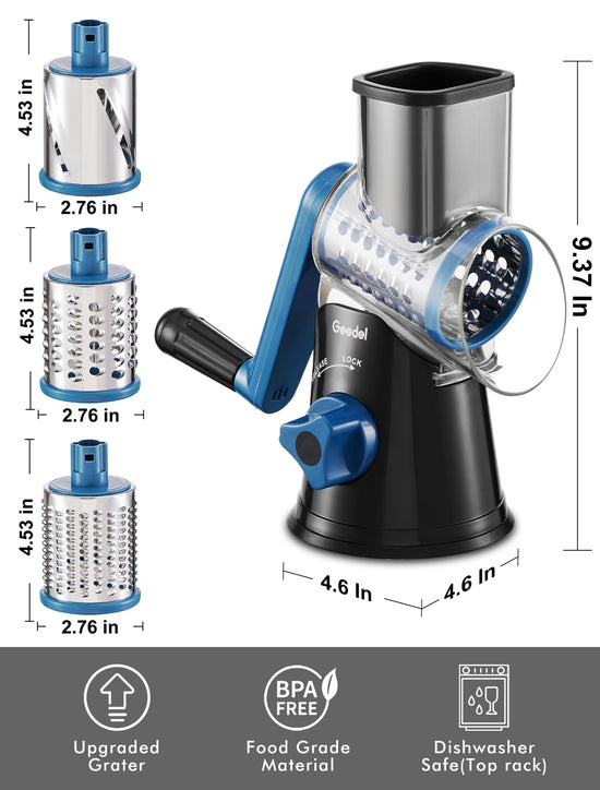 Geedel rotary cheese grater — kitchen mandoline with interchangeable blades