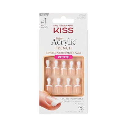 KISS Salon acrylic false nails - Crush Hour, white, petite size, squoval shape, includes glue and tools.