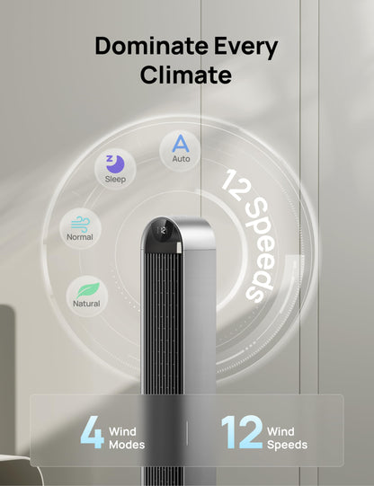 Dreo tower fan - 42 inch smart fan with Alexa and Google support, 12 speeds and quiet operation. 25dB noise level. 120° oscillation. 12 hour timer. 2023 model.