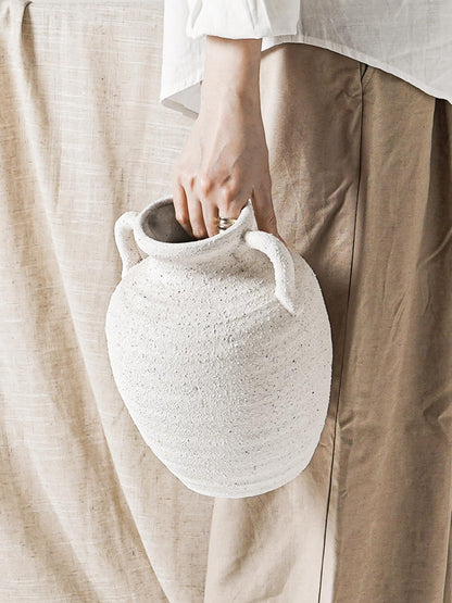White Ceramic Vase with Handles, 9.5Inch, Farmhouse Rustic, Gritstone White