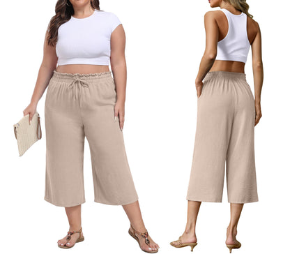 FREEOAK capri pants – high waisted wide leg with adjustable drawstring and pockets