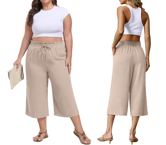 FREEOAK capri pants – high waisted wide leg with adjustable drawstring and pockets