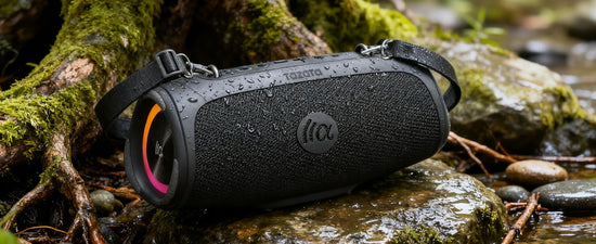 TAZATA portable loud Bluetooth speaker with large subwoofer and powerbank function.
