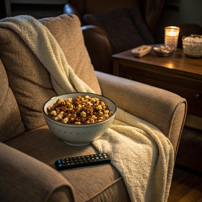 Reese's popcorn — popcorn coated in chocolatey drizzle and peanut butter crème