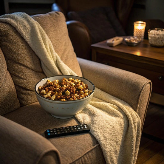 Reese's popcorn — popcorn coated in chocolatey drizzle and peanut butter crème