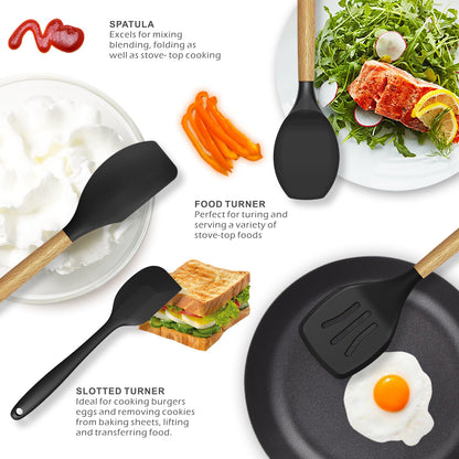 Food spatula set — heat resistant silicone with wooden handles and holder, BPA free