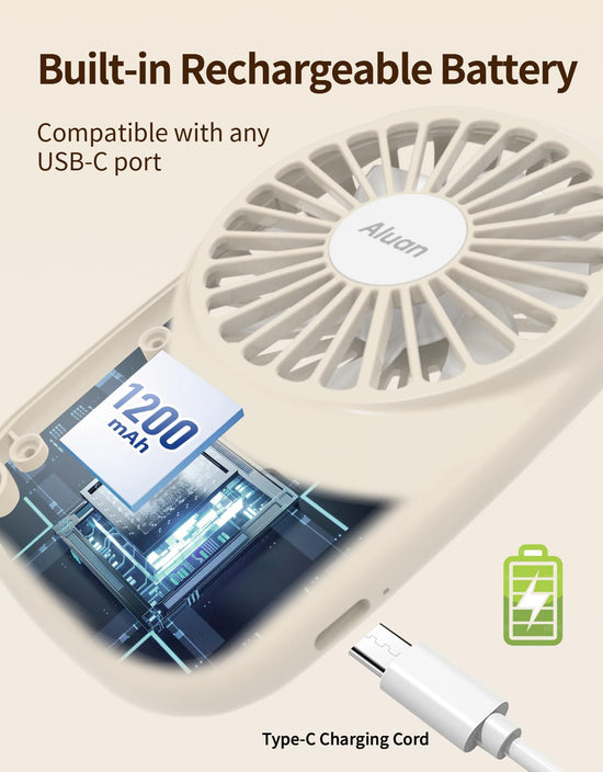 Aluan handheld mini fan — powerful portable speed adjustable USB rechargeable fan for travel and home use.