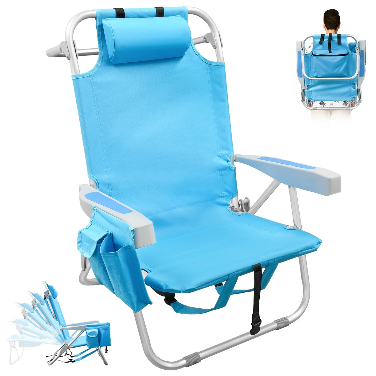 Backpack Beach Chairs for Adults, Heavy Duty Compact Portable Lay Flat Folding Chair with Backpack Straps and Large Pocket, 5 Positions Aluminum Reclining Chair for Patio Outdoor,Support to 300LBS