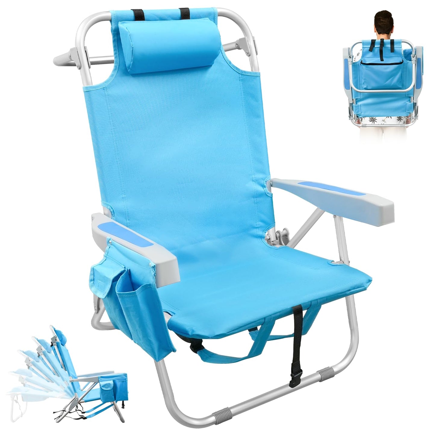 Backpack Beach Chairs for Adults, Heavy Duty Compact Portable Lay Flat Folding Chair with Backpack Straps and Large Pocket, 5 Positions Aluminum Reclining Chair for Patio Outdoor,Support to 300LBS