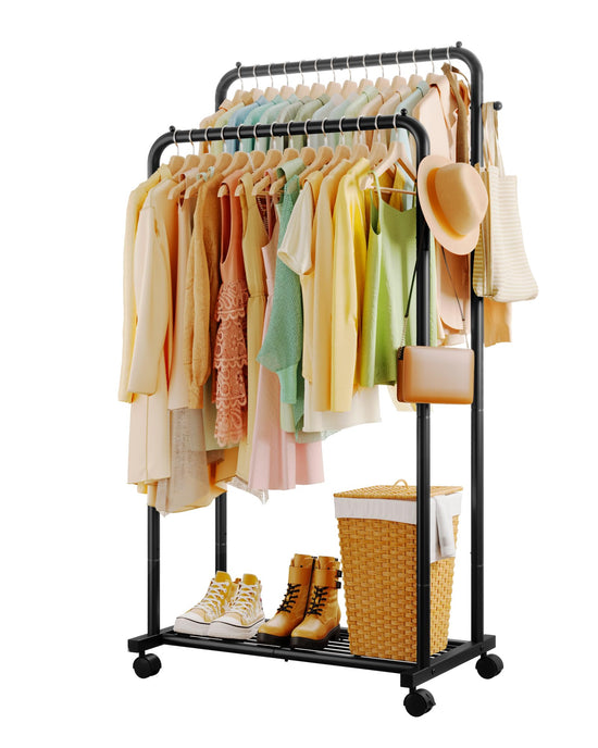 Sakugi clothes rack — Double rods with mesh shelf and wheels for laundry use