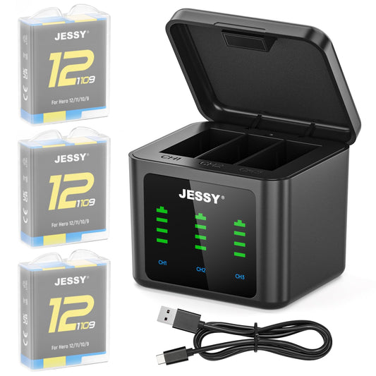 JESSY 2000mAh Battery Charger Kits for GoPro Hero 12 11 10 9 Black, 3 Pack Replacement Batteries and 3-Channel Type-C Battery Charge Case for Go Pro 12 11 10 9 Original Batteries Accessories