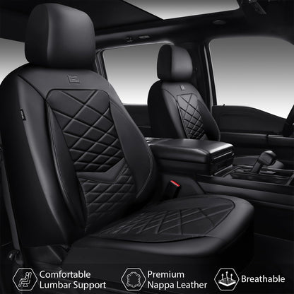 CAR PASS Luxury Nappa Leather Seat Covers Full Set, Water Resistant Faux Leather Seat Covers with Lumbar Support, Comfortable Automotive Seat Covers Universal Fit for SUV Sedan Van Truck, Solid Black