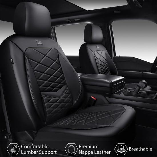 CAR PASS Luxury Nappa Leather Seat Covers Full Set, Water Resistant Faux Leather Seat Covers with Lumbar Support, Comfortable Automotive Seat Covers Universal Fit for SUV Sedan Van Truck, Solid Black