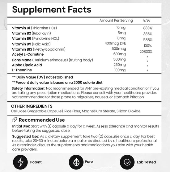 Elite Brain - Nootropic Supplement for Focus, Memory & Mental Clarity – Caffeine-Free Natural Energy with Lion’s Mane, L-Theanine & Vitamin B Complex (60 Capsules)