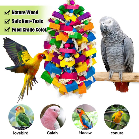 KTCWPAW Large Parrot Chew Toys, Colorful Natural Wood Hanging Shredding Toy, Heavy Duty Beak Grinding Enrichment Toy for Macaw, Cockatoo, African Grey Large Bird Cage Accessories
