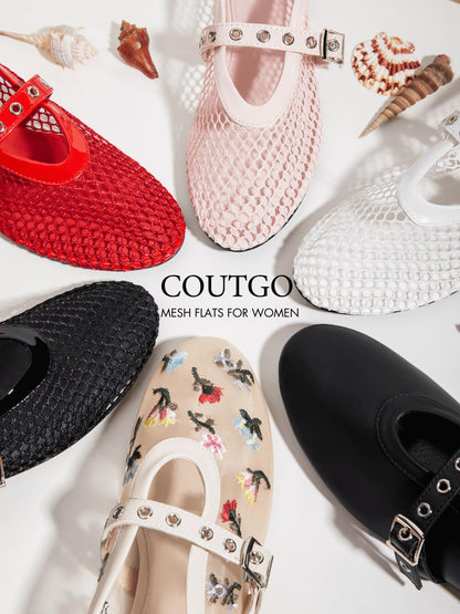Coutgo womens mesh ballet flats - Comfortable Mary Jane style shoes with buckle strap