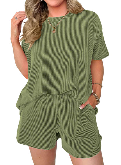 miduo coordinated outfit — ribbed textured knit lounge set with shorts and short sleeves