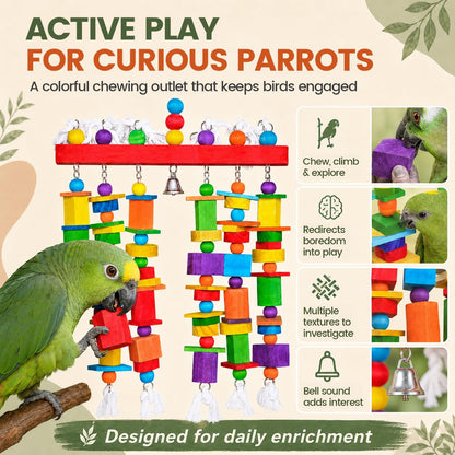 Extra Large Bird Toys for Macaws African Greys Cockatoos, 21.6" x 13" Heavy Duty Parrot Chewing Toy with Durable Stainless Steel Chain & Natural Wood Blocks, Large Bird Cage Accessories with Bell