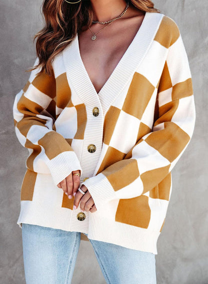 Dokotoo sweater — Plaid v neck oversized cardigan with buttons and long sleeves