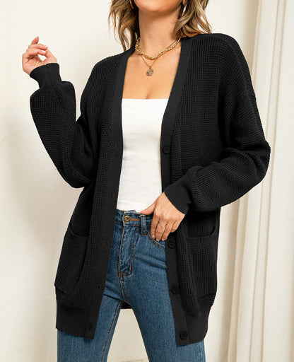 QUALFORT women's cardigan - 100% cotton oversized knit with pockets