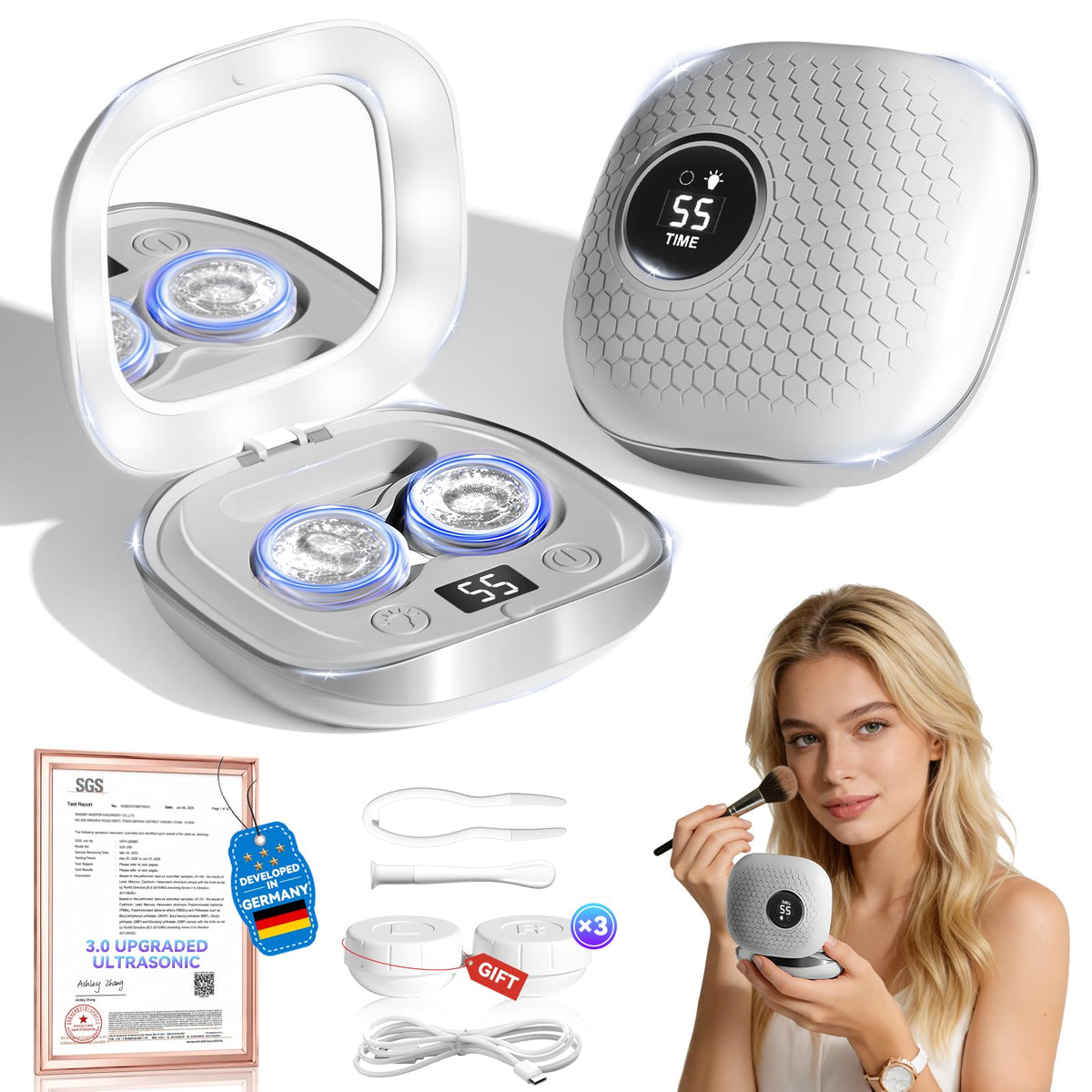 Contact lens cleaner — Rechargeable ultrasonic cleaning with smart modes and 50KHz motor