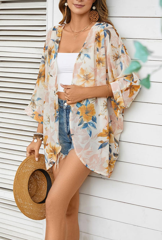 Women's kimono cardigan with floral print chiffon and bat sleeves