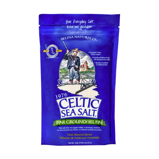 Fine ground Celtic sea salt — fine ground texture and flavor enhancement.