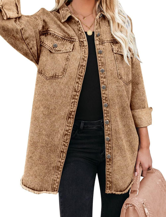 Vetinee women's oversized shacket with frayed hem and pockets
