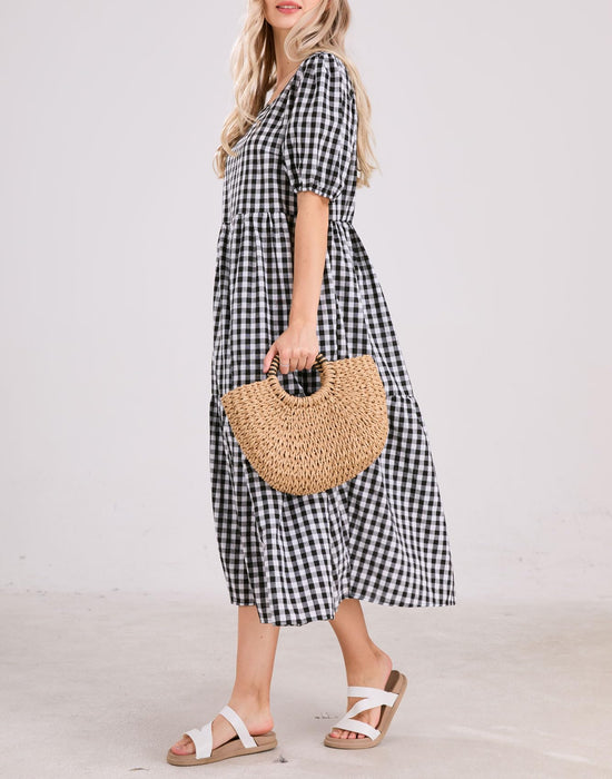 Dress — Retro plaid lantern puff sleeve midi dress by chouyatou
