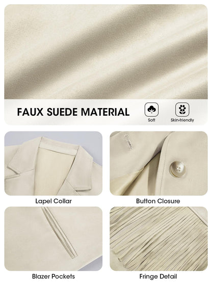Cicy Bell blazer — faux suede fringe design with lapel and button front