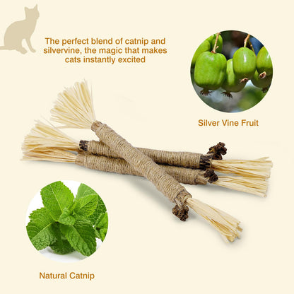 SINROBO 4 Pack Silvervine Sticks for Cats - Cat Chew Toy for Teeth Cleaning, Edible Matatabi Kitty Chew Sticks, Catnip Cat Toys for Indoor Cats (4 Sticks)