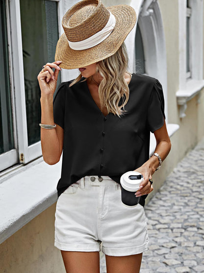 PRETTYGARDEN shirt — Summer V neck chiffon button down blouse for women
