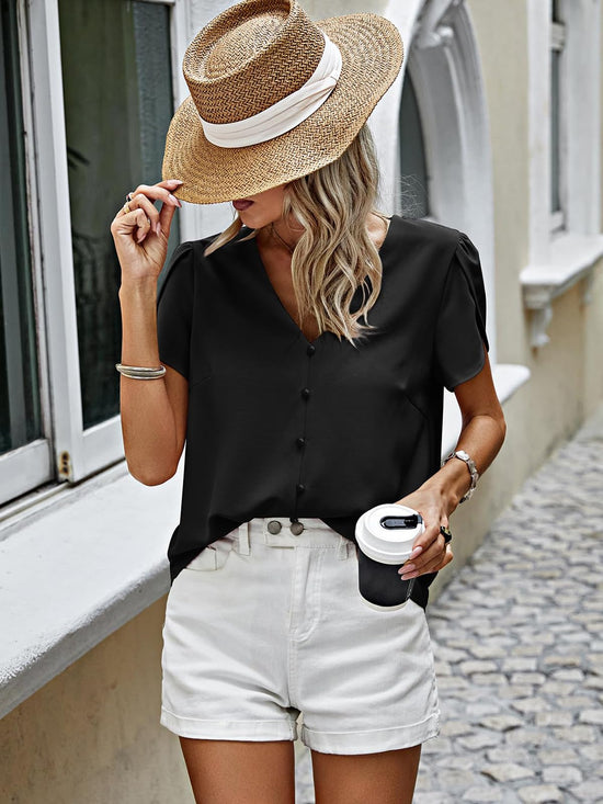 PRETTYGARDEN shirt — Summer V neck chiffon button down blouse for women