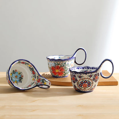 ALMA soup bowl with loop handle - Handpainted Polish pottery style, microwave safe