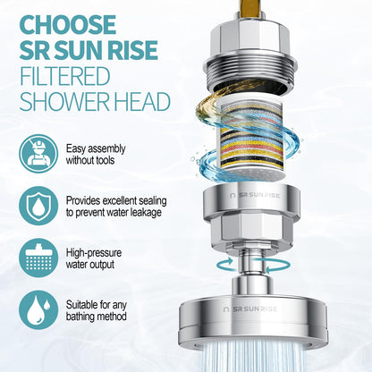SR SUN RISE showerhead with 3 filter cartridges for hard water and chlorine removal