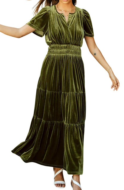 R.Vivimos women's vintage velvet maxi dress with short sleeves and ruffles