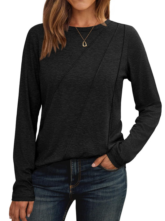 Shirt — Womens pleated long sleeve tunic with loose fit crewneck