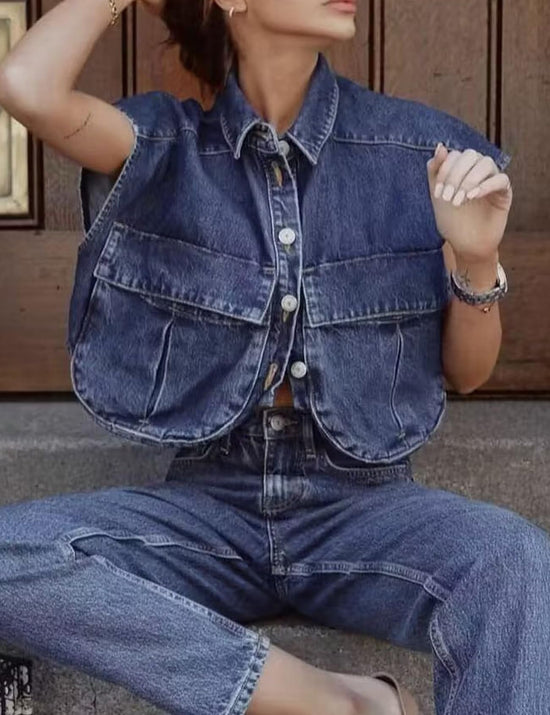 Shirt — Cropped denim top with pockets and collar