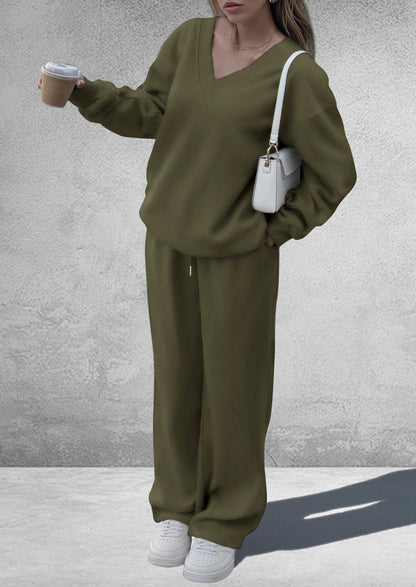 PRETTYGARDEN coordinated outfit — casual winter two piece set with v neck sweatshirt and wide leg pants