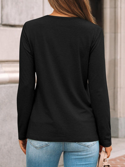 Shirt — Womens pleated long sleeve tunic with loose fit crewneck
